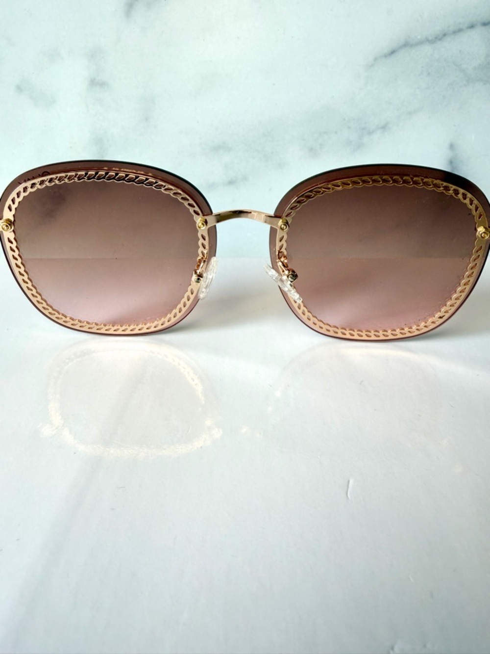 Quay Australia Jezabell Chain Sunglasses Gold Brown Rimless Round Women - Picture 6 of 9